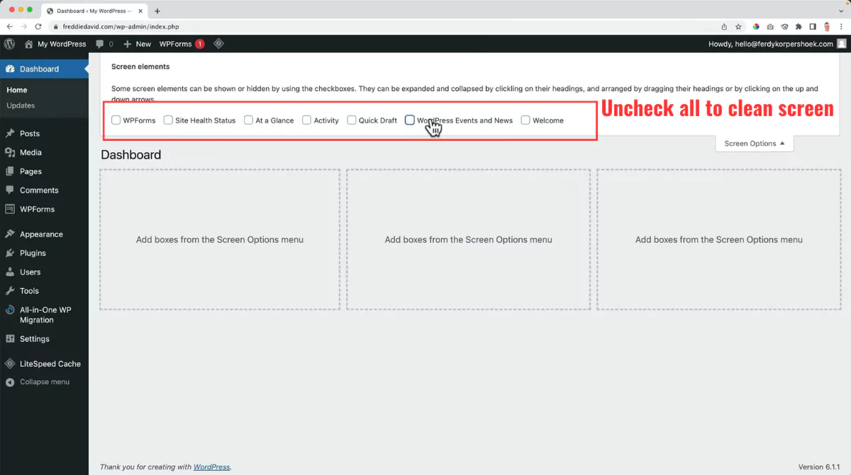 WordPress uncheck all the widgets on the screen options tab